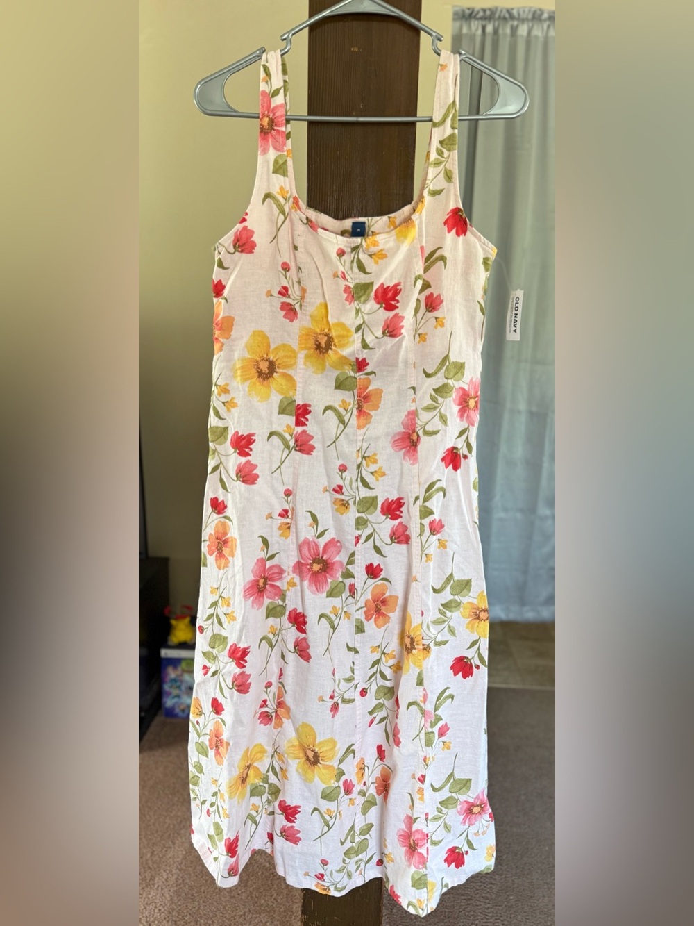 Old Navy Pale Pink Floral Linen-Blend Sleeveless Dress with Yellow & Pink Blooms